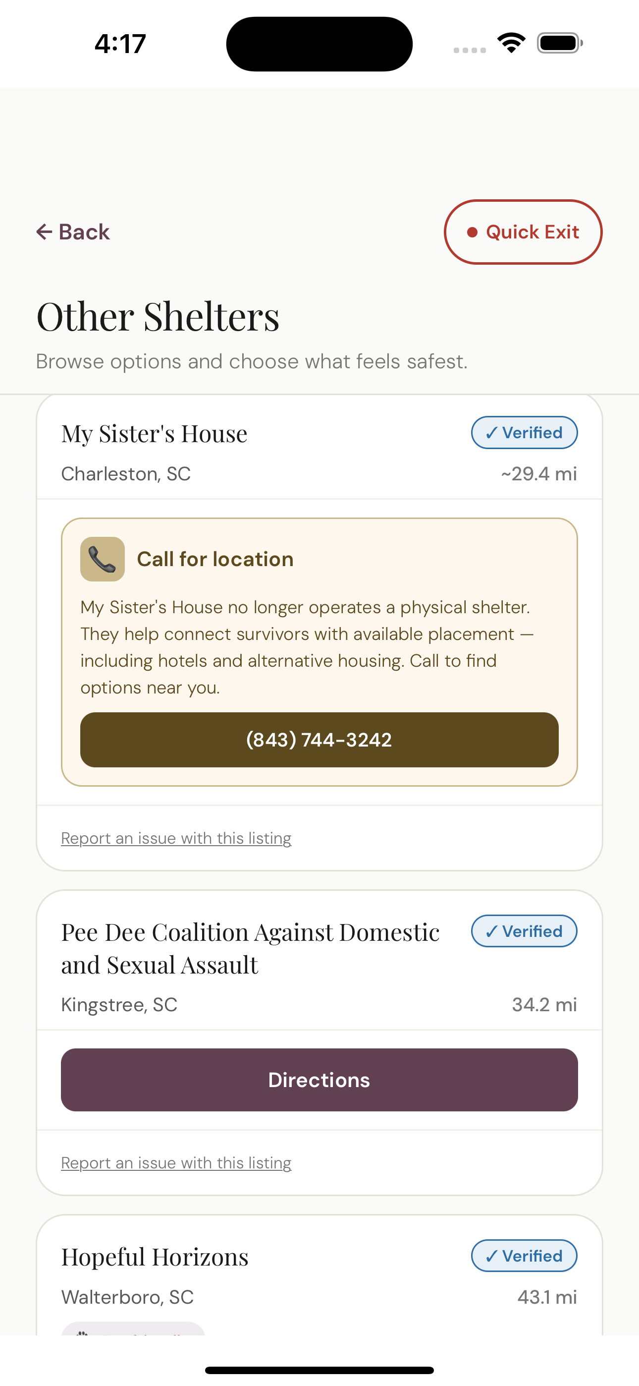 Bastet App Interface Shelters
